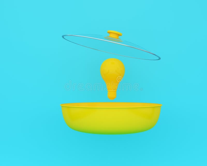有漂浮在蓝色背景的黄灯电灯泡的开放黄色烹调罐 最小的企业概念和食物想法 一个想法
